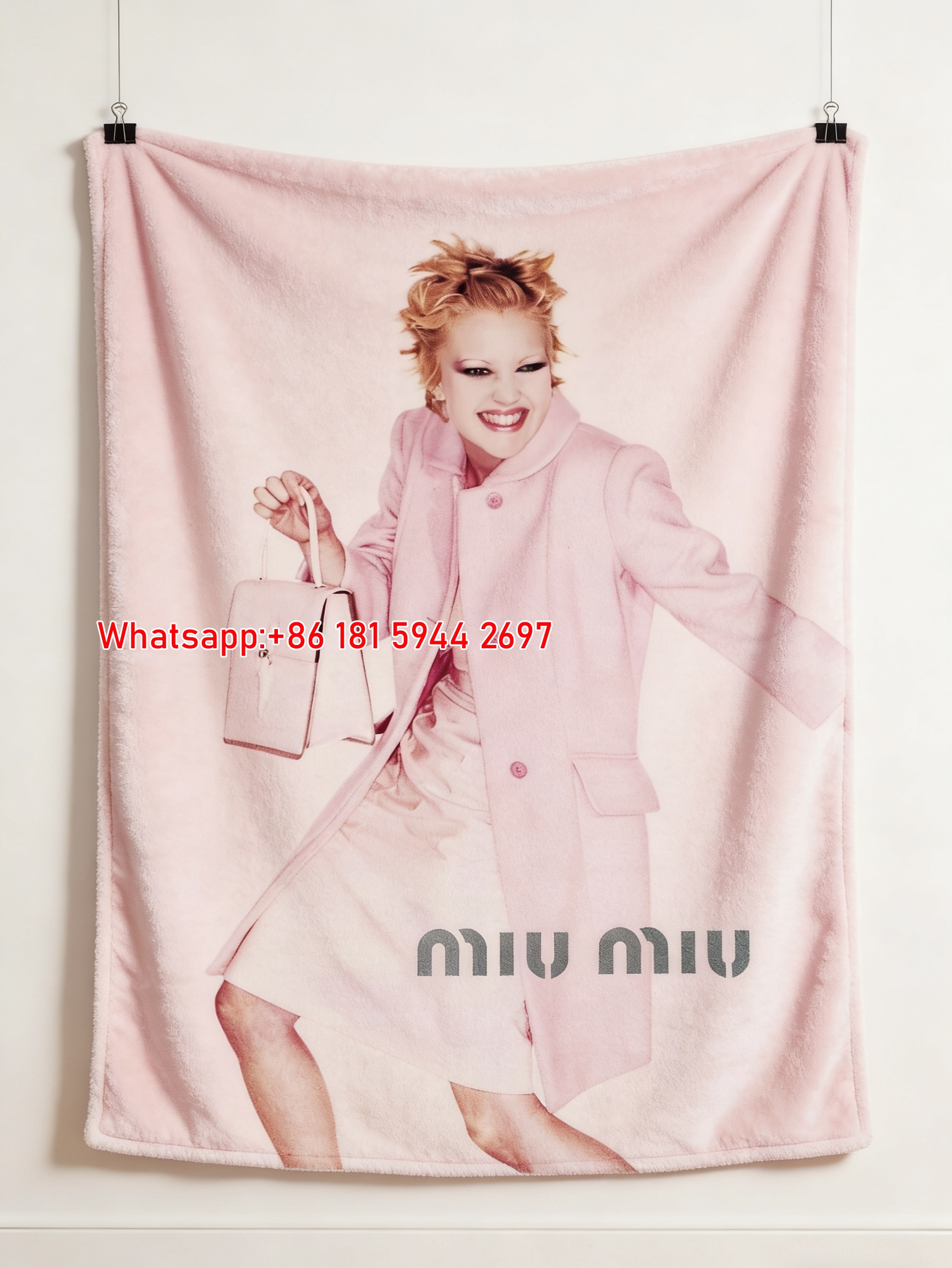 Miu Miu Pink Coats Print Flannel Sofa Throw Blanket IMG_0635